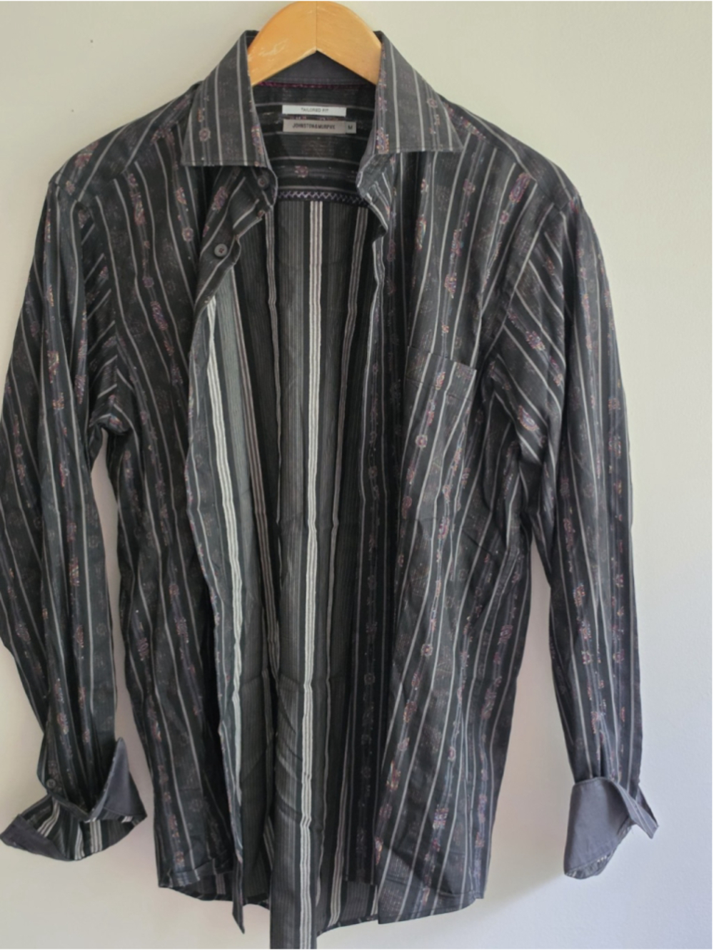 Johnston & Murphy Tailored Fit Long Sleeve Striped Dress Shirt Black Paisley M